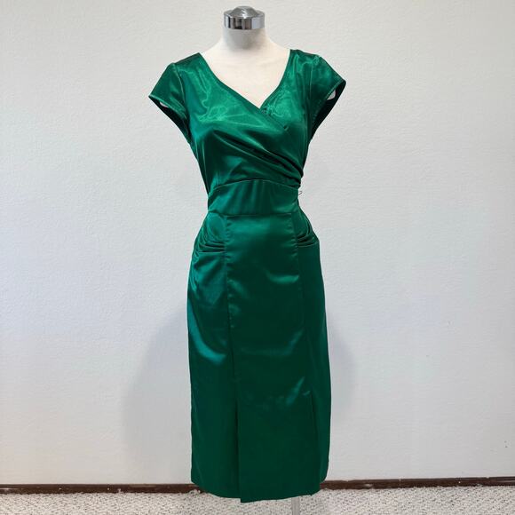 Stop Staring! Pinup Emerald Green satin midi dress Size Large - Picture 2 of 10